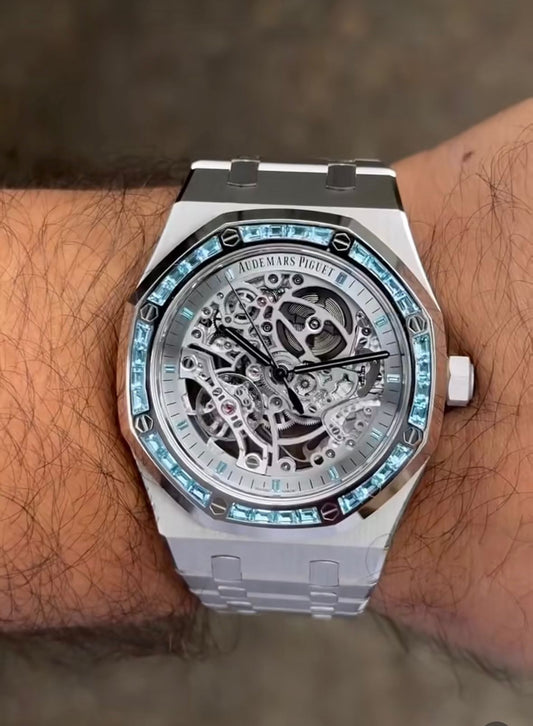 Audemars Piguet Royal Oak White Gold, Blue Topaz Bezel, Double Balance Wheel Openworked (15412BC)