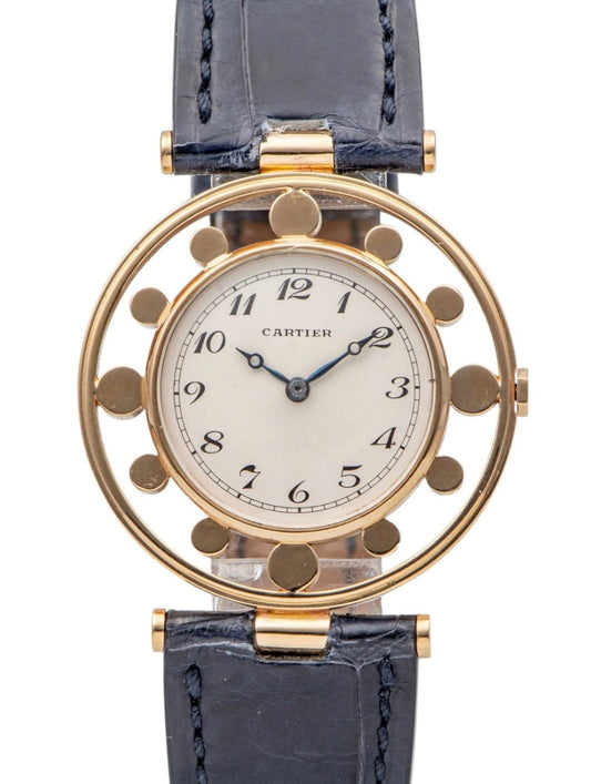 Vintage Cartier Gouvernail watch in yellow gold, circa 1960, featuring Breguet numerals, blue steel hands, and a unique cylindrical hour marker design.