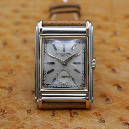 Patek Philippe Rectangular Retro Dress Watch in White and Pink Gold, Circa 1929.